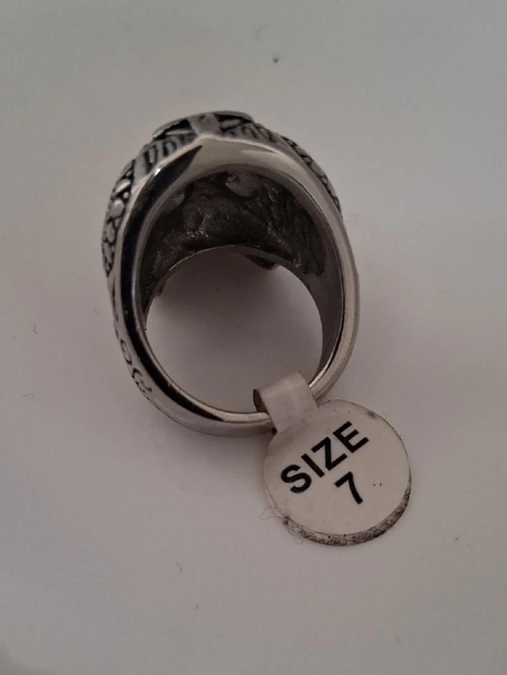Men's Silver Tone Sugar Skull Ring with Black Stone Eyes
